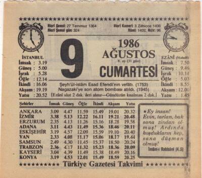 9 Ağustos 1986 Takvim Yaprağı EFM(N)2310 - 2