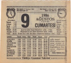 9 Ağustos 1986 Takvim Yaprağı EFM(N)2310 - 1