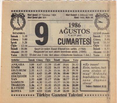9 Ağustos 1986 Takvim Yaprağı EFM(N)2310 - 1