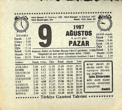 9 Ağustos 1987 Takvim Yaprağı - Doğum Günü Hediyesi EFMN13852 - Gökçekoleksiyon