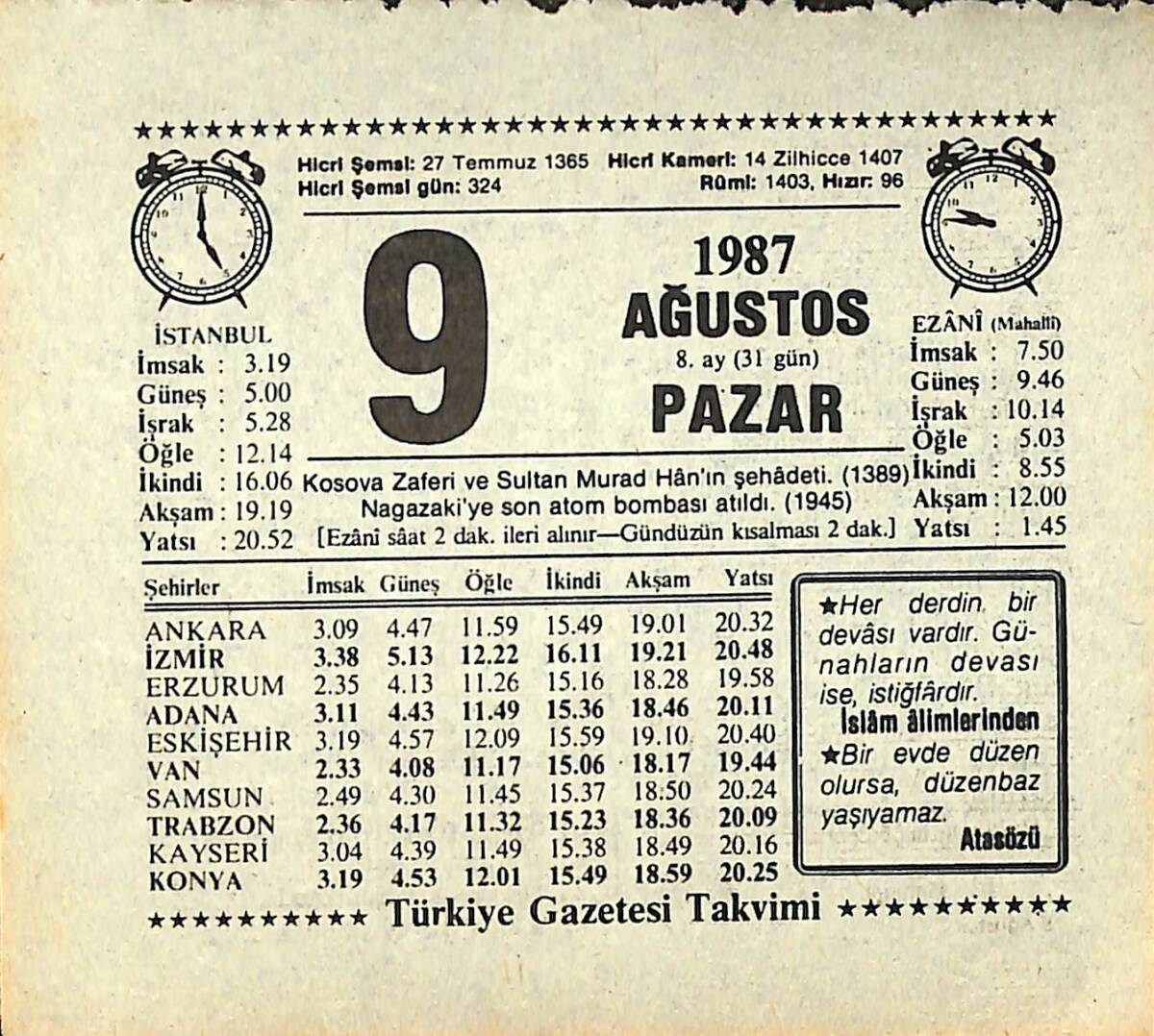 9 Ağustos 1987 Takvim Yaprağı - Doğum Günü Hediyesi EFMN13852 - 1