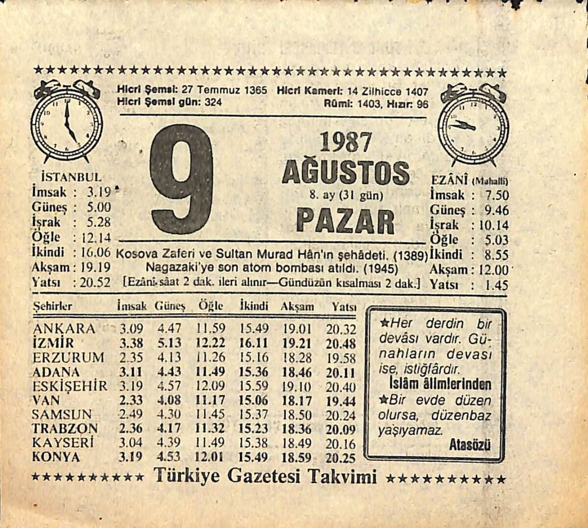 9 Ağustos 1987 Takvim Yaprağı - Doğum Günü Hediyesi EFMN13913 - 1