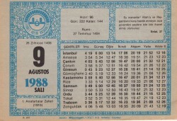 9 Ağustos 1988 Takvim Yaprağı EFM(N)2311 - 3