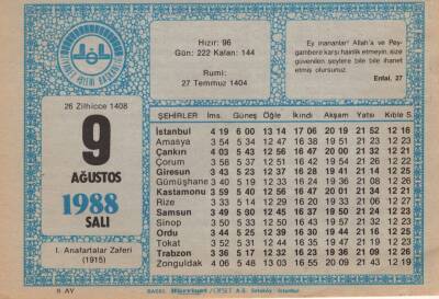 9 Ağustos 1988 Takvim Yaprağı EFM(N)2311 - 3
