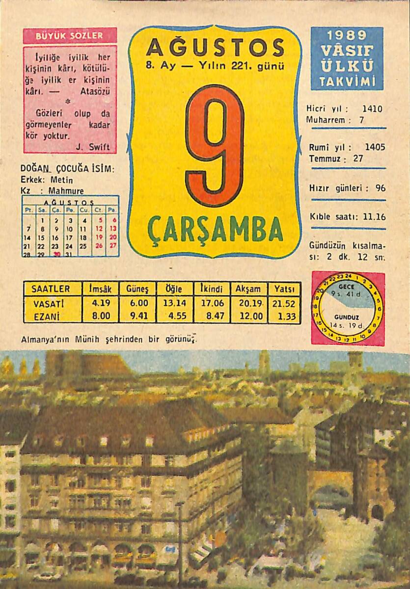 9 Ağustos 1989 Takvim Yaprağı - Doğum Günü Hediyesi EFMN13495 - 1