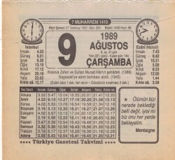 9 Ağustos 1989 Takvim Yaprağı EFM(N)2312 - 3