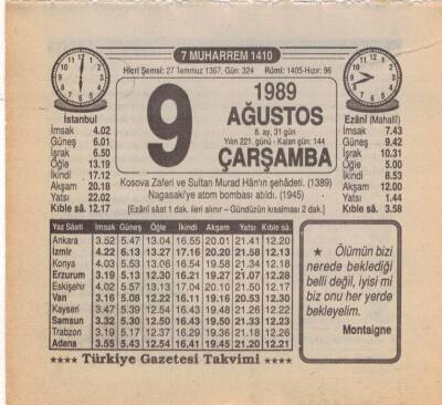 9 Ağustos 1989 Takvim Yaprağı EFM(N)2312 - 3