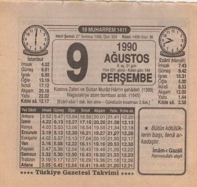 9 Ağustos 1990 Takvim Yaprağı EFM(N)2313 - 2