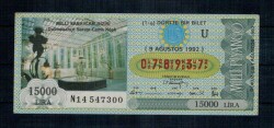 9 Ağustos 1992 Çeyrek Bilet PYB657 - Gökçekoleksiyon