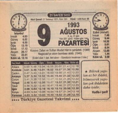 9 Ağustos 1993 Takvim Yaprağı EFM(N)2314 - 2