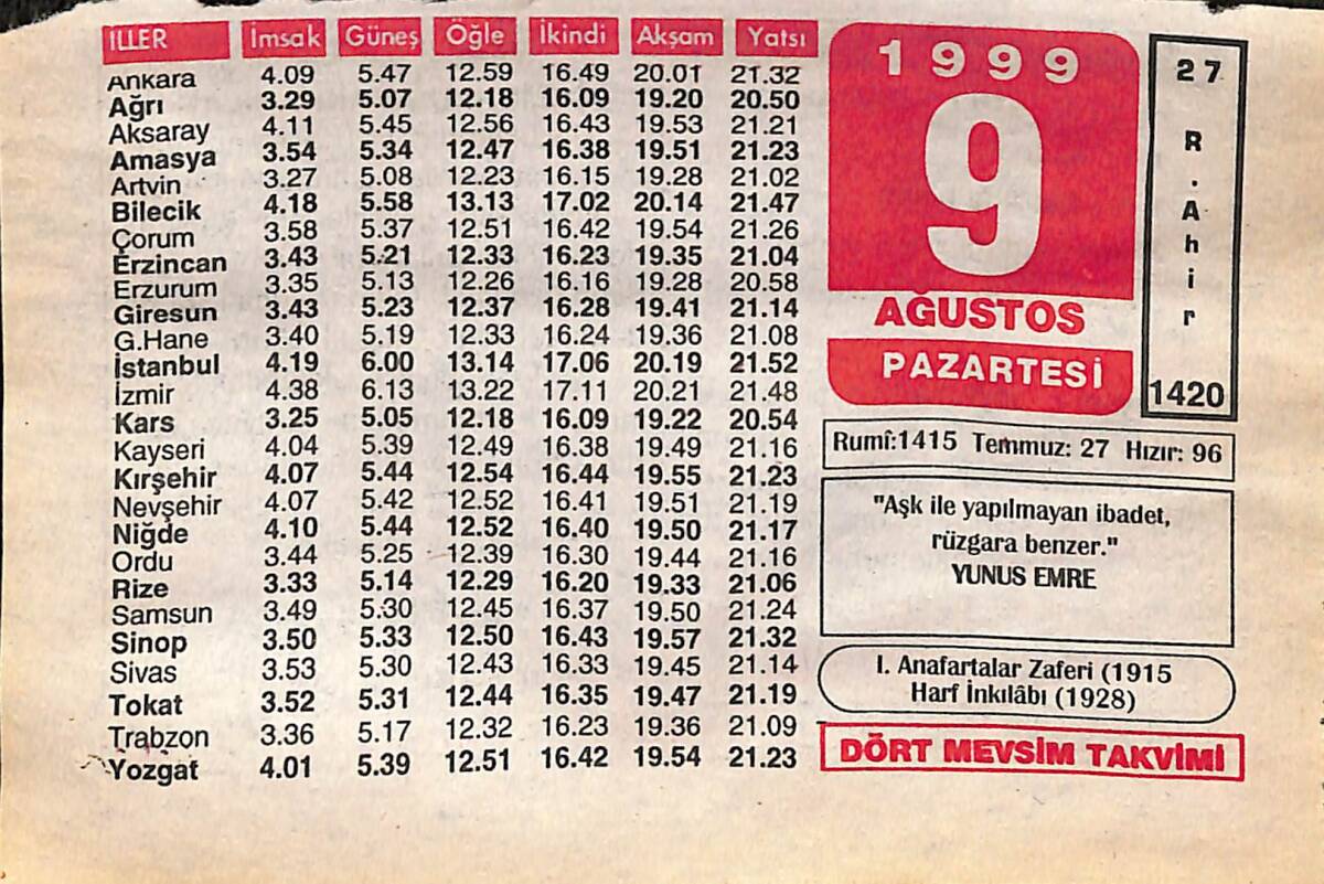 9 Ağustos 1999 Takvim Yaprağı - Doğum Günü Hediyesi EFMN14047 - 1