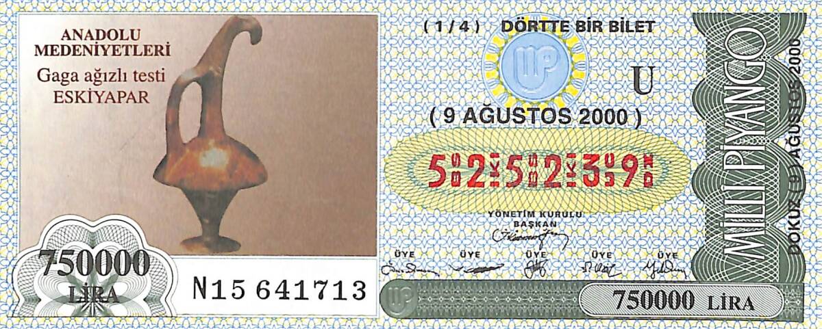 9 Ağustos 2000 Piyango Bileti Dörtte Bir Bilet PYB6505 - 1