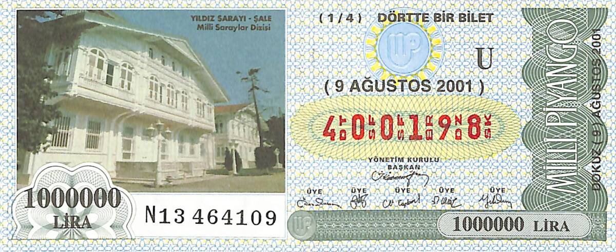 9 Ağustos 2001 Piyango Bileti Dörtte Bir Bilet PYB6555 - 1