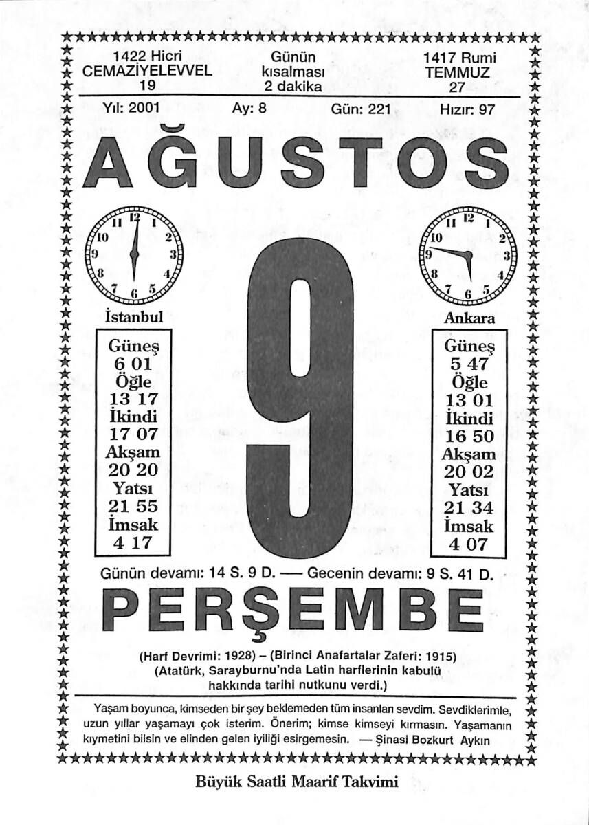 9 Ağustos 2001 Takvim Yaprağı - Doğum Günü Hediyesi EFMN14221 - 1