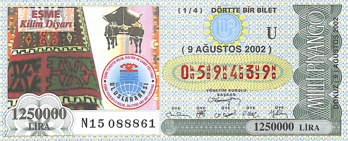 9 Ağustos 2002 Piyango Bileti Dörtte Bir Bilet PYB6737 - 1