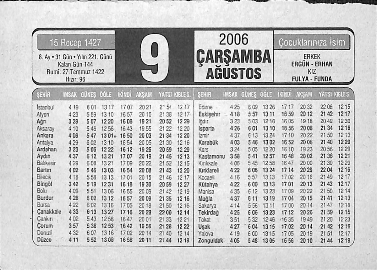 9 Ağustos 2006 Takvim Yaprağı - Doğum Günü Hediyesi EFMN14156 - 1
