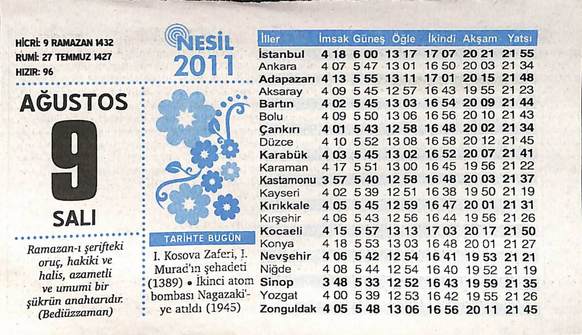 9 Ağustos 2011 Takvim Yaprağı - Doğum Günü Hediyesi EFMN14324 - 1