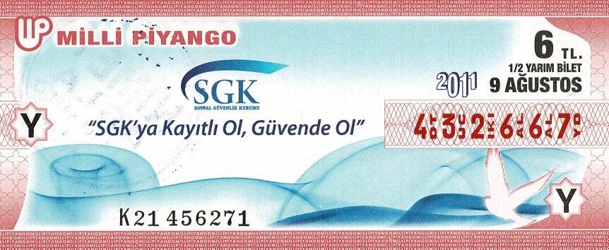 9 Ağustos 2011 (Y) Sosyal Güvenlik Kurumu (12) Yarım Bilet PYB5823 - 1