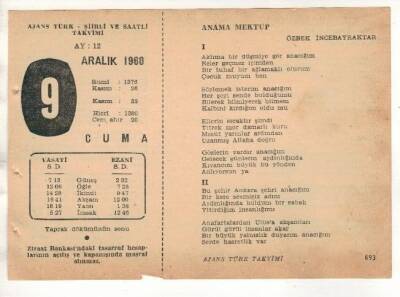 9 Aralık 1960 Ajans Türk Takvim Yaprağı (Şiirli Saatli) EFM(N) 1805 - 1