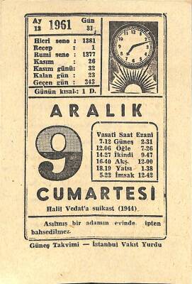 9 Aralık 1961 Takvim Yaprağı - Doğum Günü Hediyesi EFM(N)11503 - 1