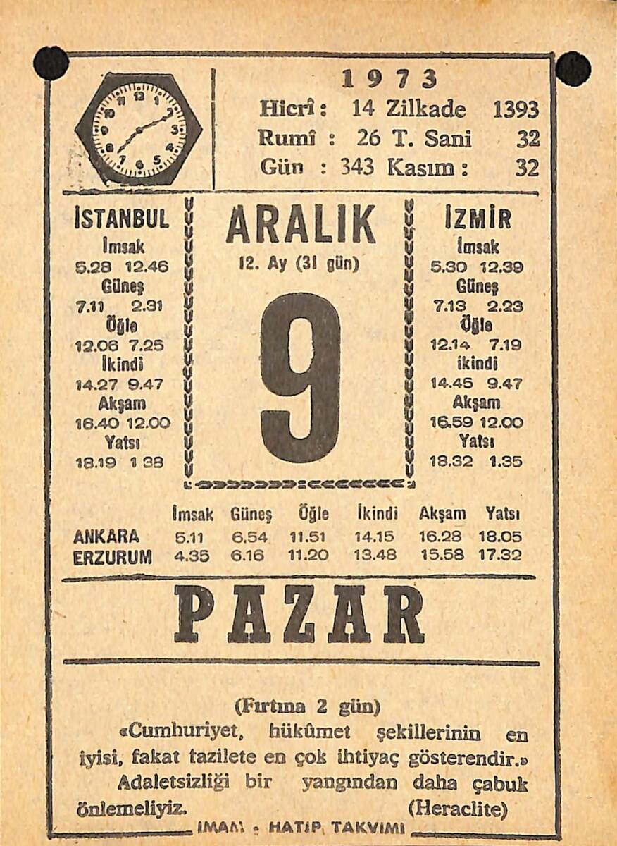 9 Aralık 1973 Takvim Yaprağı - Doğum Günü Hediyesi EFMN13677 - 1