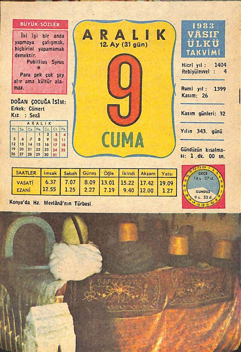 9 Aralık 1983 Takvim Yaprağı - Doğum Günü Hediyesi EFMN14686 - 1