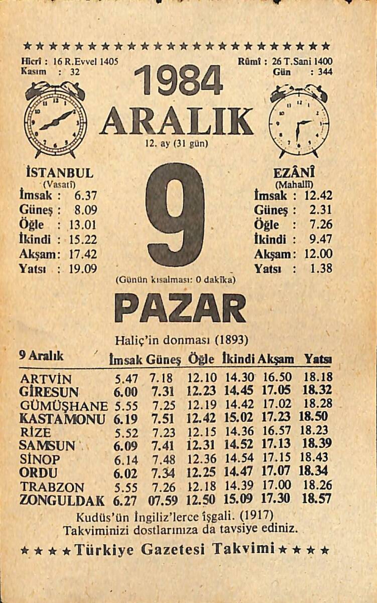9 Aralık 1984 Takvim Yaprağı - Doğum Günü Hediyesi EFMN14515 - 1