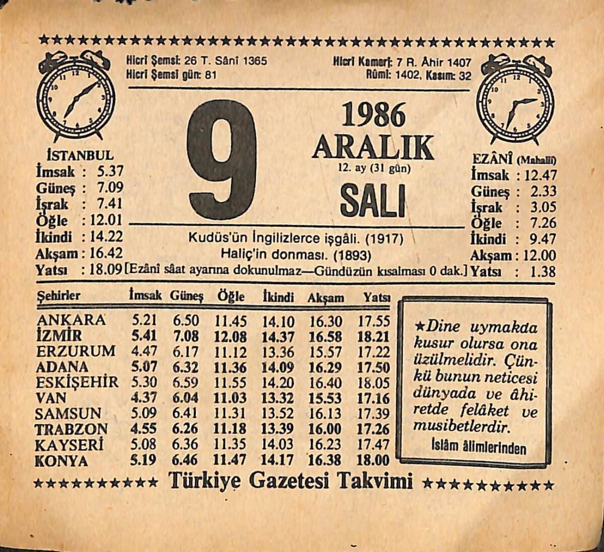 9 Aralık 1986 Takvim Yaprağı - Doğum Günü Hediyesi EFMN14864 - 1