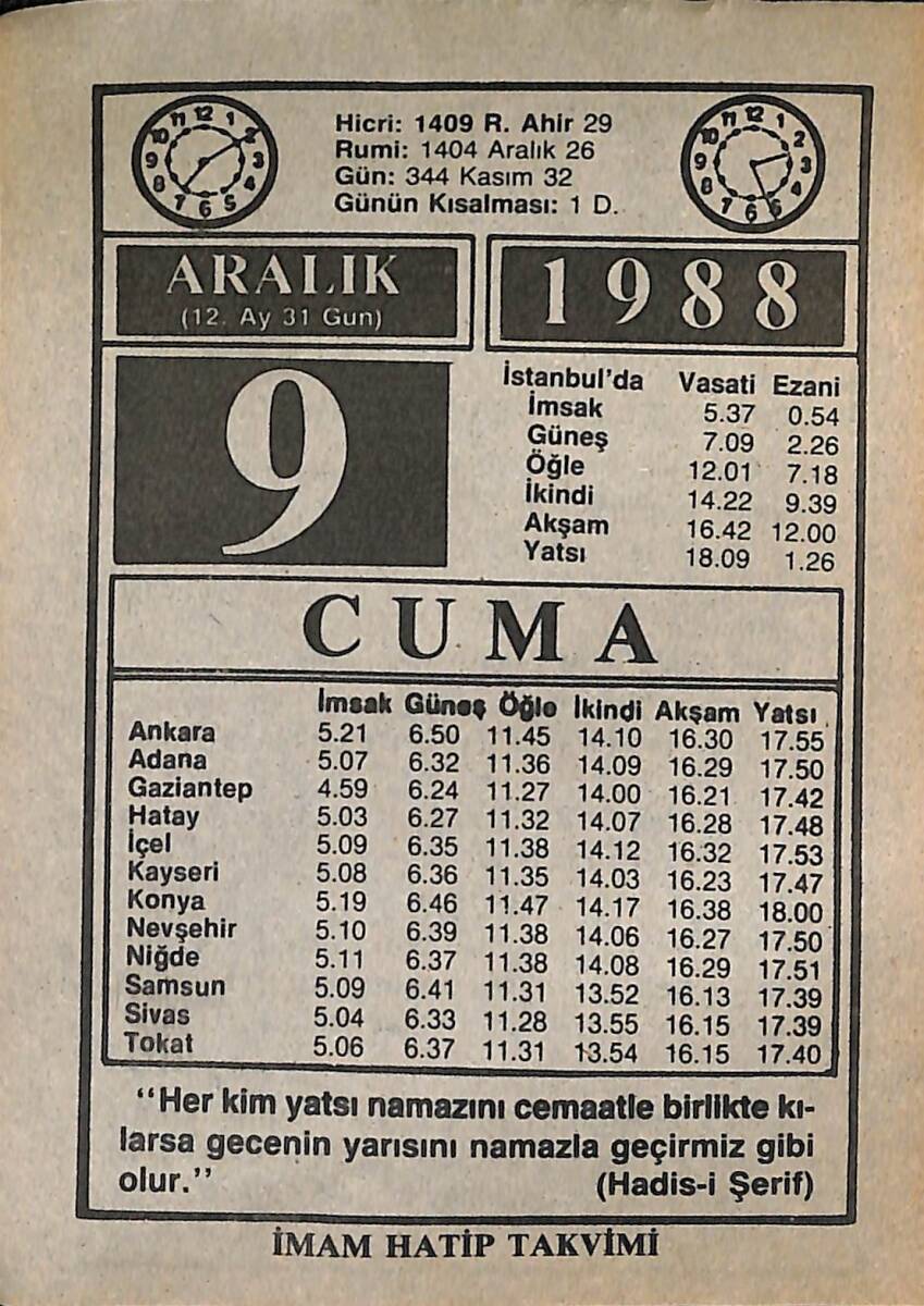 9 Aralık 1988 Takvim Yaprağı - Doğum Günü Hediyesi EFMN14591 - 1