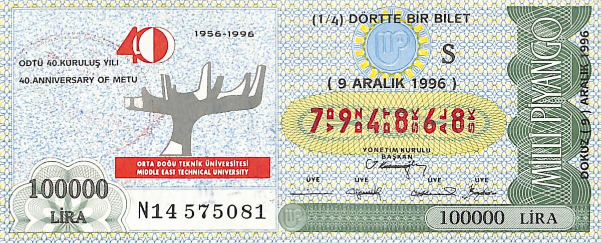 9 Aralık 1996 Piyango Bileti Dörtte Bir Bilet PYB6833 - 1