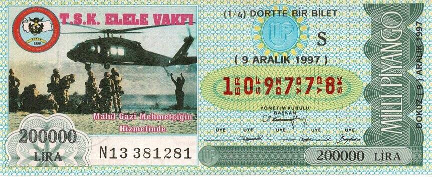 9 Aralık 1997 (S) TSK Elele Vakfı (14) Dörtte Bir Bilet PYB5546 - 1