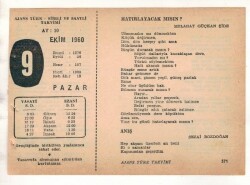 9 Ekim 1960 Ajans Türk Takvim Yaprağı (Şiirli Saatli) EFM(N) 1746 - 3