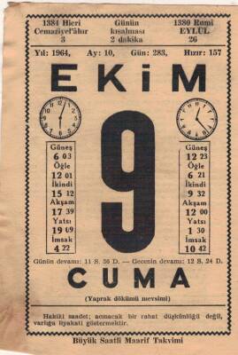 9 Ekim 1964 Takvim Yaprağı EFM(N)3531 - 2