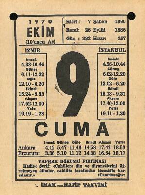 9 Ekim 1970 Takvim Yaprağı - Doğum Günü Hediyesi EFM(N)10538 - 1