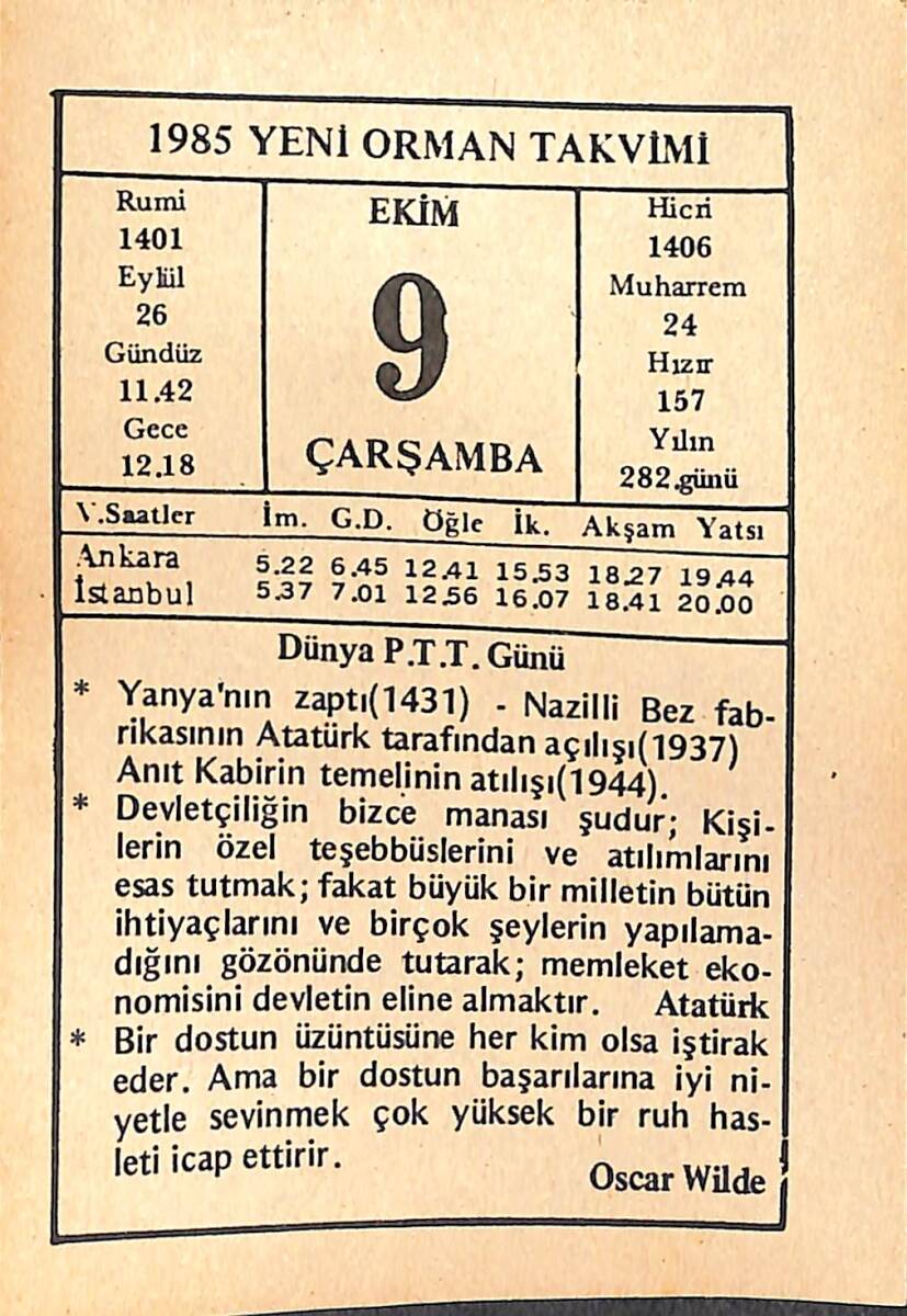 9 Ekim 1985 Takvim Yaprağı - Doğum Günü Hediyesi EFMN14960 - 1