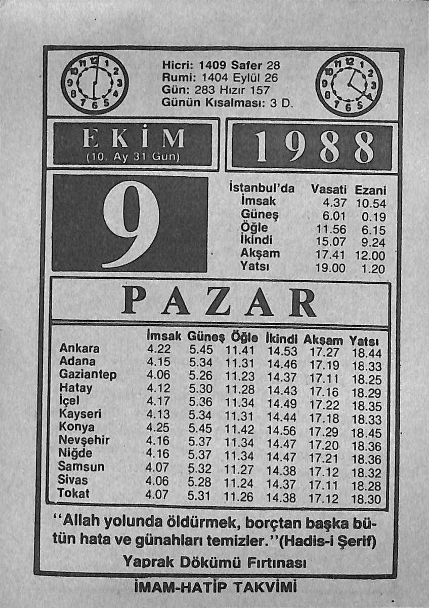 9 Ekim 1988 Takvim Yaprağı - Doğum Günü Hediyesi EFMN14652 - 1