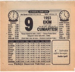 9 Ekim 1993 Takvim Yaprağı EFM(N)3165 - 3