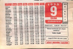 9 Ekim 1999 Takvim Yaprağı - Doğum Günü Hediyesi EFMN14078 - Gökçekoleksiyon