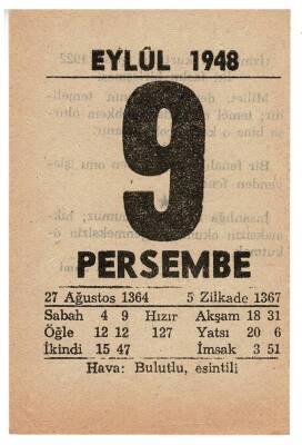 9 Eylül 1948 Takvim Yaprağı EFM849 - 3