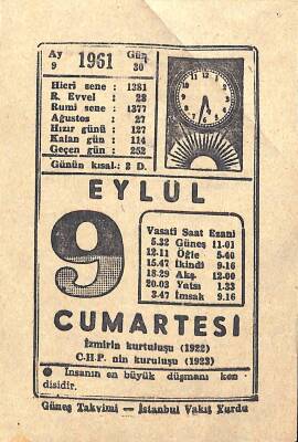 9 Eylül 1961 Takvim Yaprağı - Doğum Günü Hediyesi EFM(N)11334 - 1