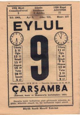 9 Eylül 1964 Takvim Yaprağı EFM(N)3603 - 3