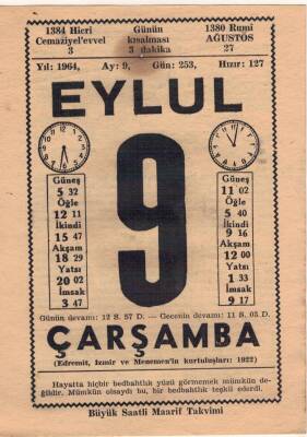 9 Eylül 1964 Takvim Yaprağı EFM(N)3603 - 2