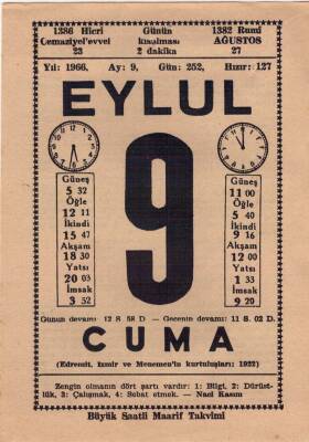 9 Eylül 1966 Takvim Yaprağı EFM(N)3601 - 3