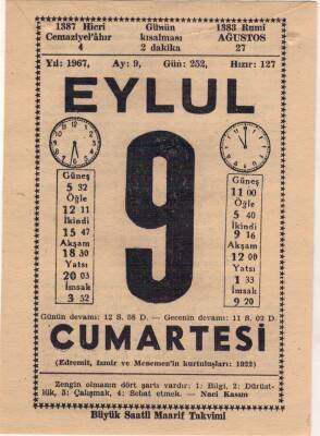 9 Eylül 1967 Takvim Yaprağı EFM(N)3602 - 2