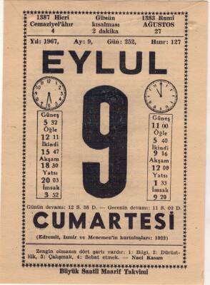 9 Eylül 1967 Takvim Yaprağı EFM(N)3602 - 1
