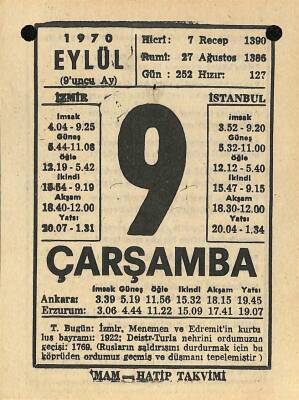 9 Eylül 1970 Takvim Yaprağı - Doğum Günü Hediyesi EFM(N)9885 - 2