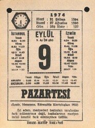 9 Eylül 1974 Takvim Yaprağı - Doğum Günü Hediyesi EFM(N)12338 - Gökçekoleksiyon