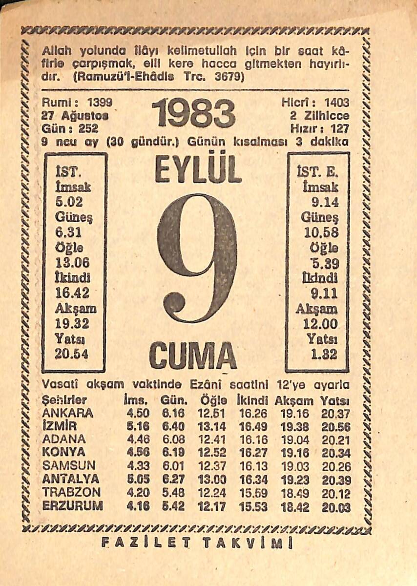 9 Eylül 1983 Takvim Yaprağı - Doğum Günü Hediyesi EFMN15417 - 1