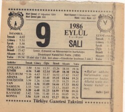 9 Eylül 1986 Takvim Yaprağı EFM(N)2674 - Gökçekoleksiyon
