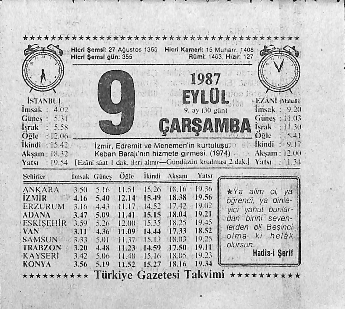 9 Eylül 1987 Takvim Yaprağı - Doğum Günü Hediyesi EFMN13944 - 1